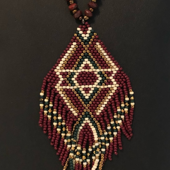 Beaded boho festival necklace with handmade beaded red pendant - Picture 2 of 5